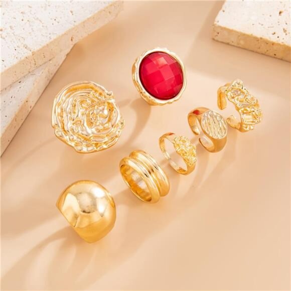 Vintage Boho Gemstone Ring Set – 6-8pc Gold-Tone Stackable Statement Rings - Picture 4 of 6